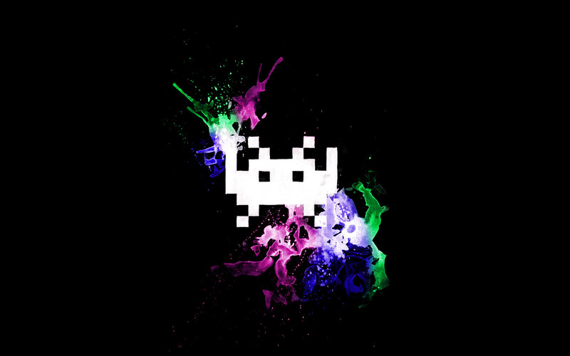 pixelated alien with colorful splashes