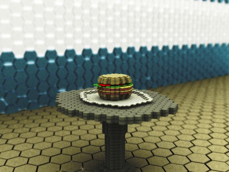 Pixelated burger on a table