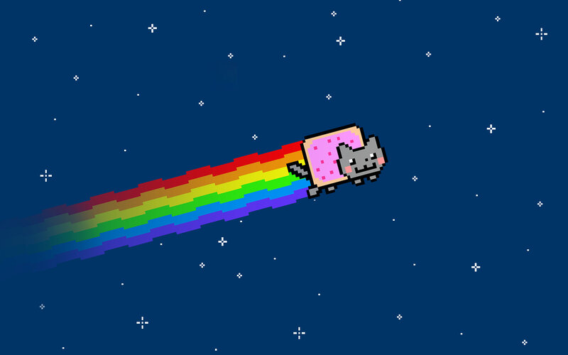 Pixelated Cat with Rainbow Trail — Blue, Playful, Night, Pixel Art, Stars, Space, Gray