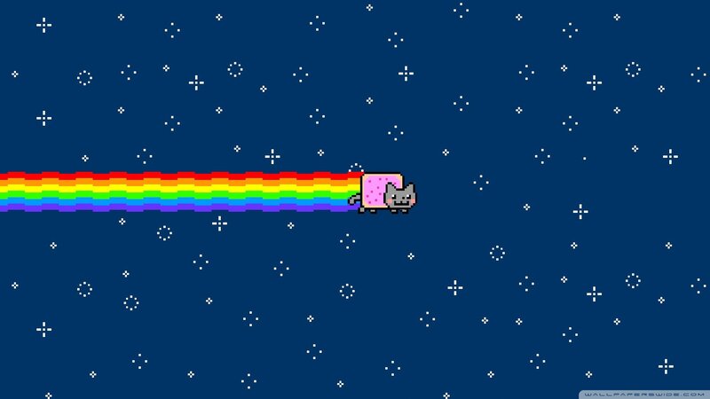 Pixelated Cat with Rainbow Trail — Blue, Playful, Night, Pixel Art, Stars, Space, Pink, White