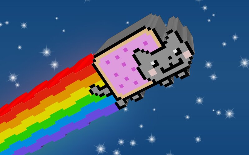 Pixelated Cat with Rainbow Trail — Blue, Playful