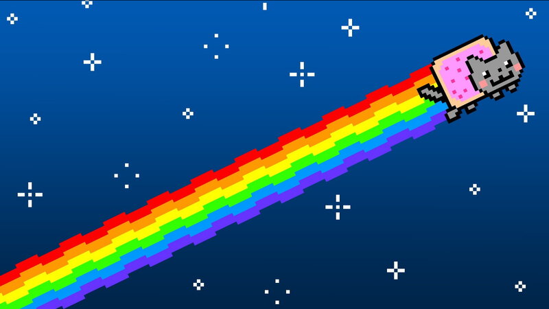 Pixelated Cat with Rainbow Trail — Blue