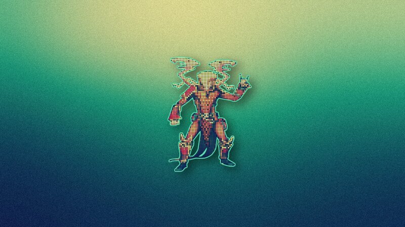 Pixelated Character Figure — Green, Dramatic