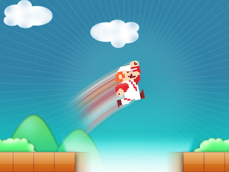 Pixelated Character Flying — Blue, Playful, Afternoon, Pixel Art, Clouds, Green Hills