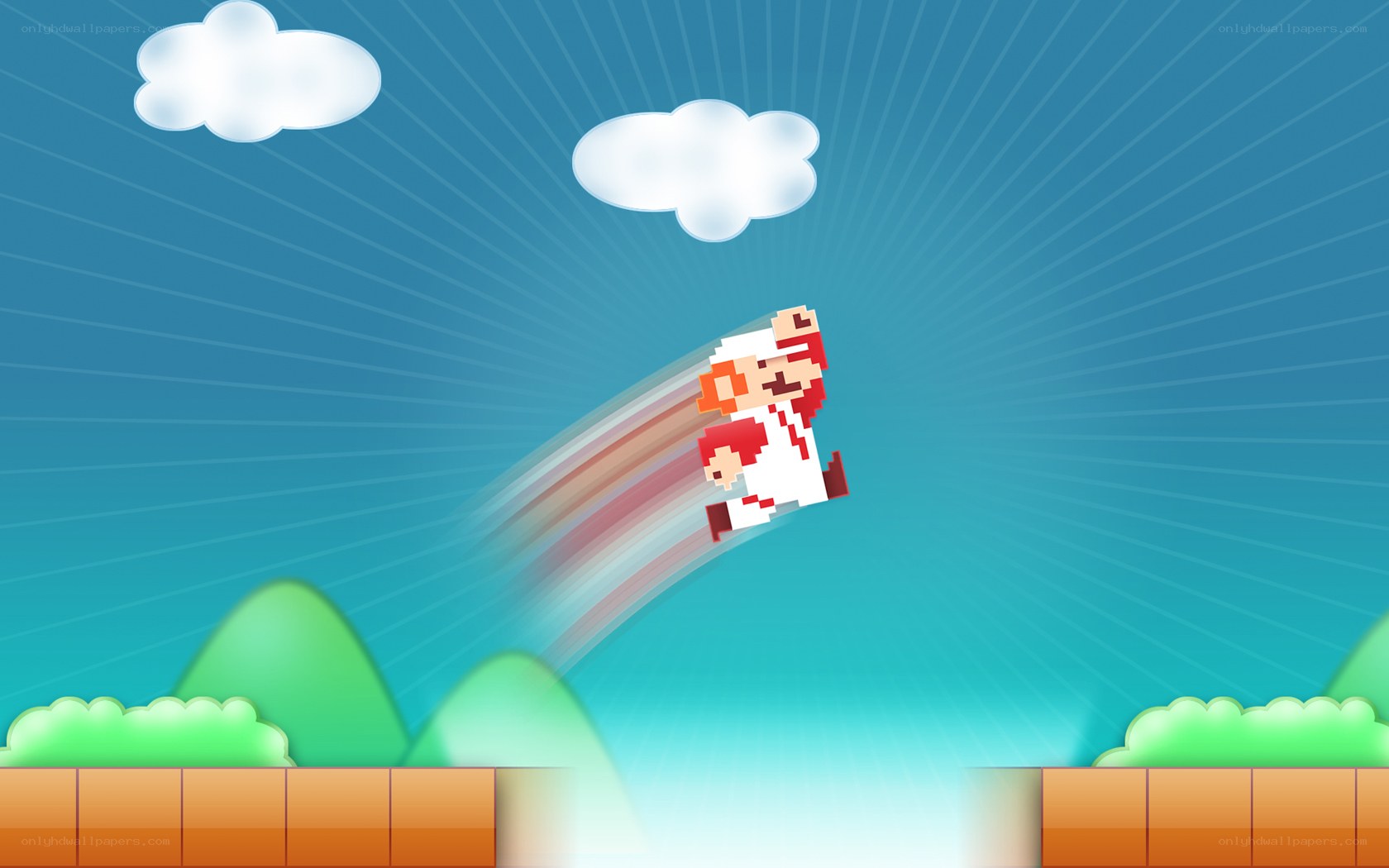 Pixelated character flying through sky