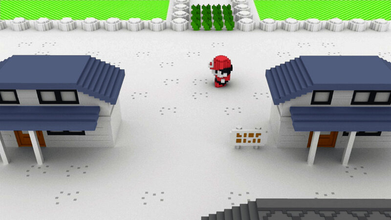 Pixelated character in snowy village