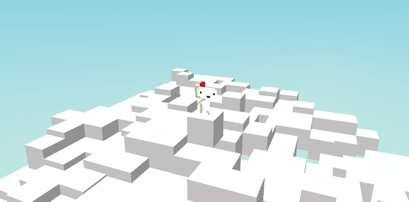 pixelated character on blocky terrain