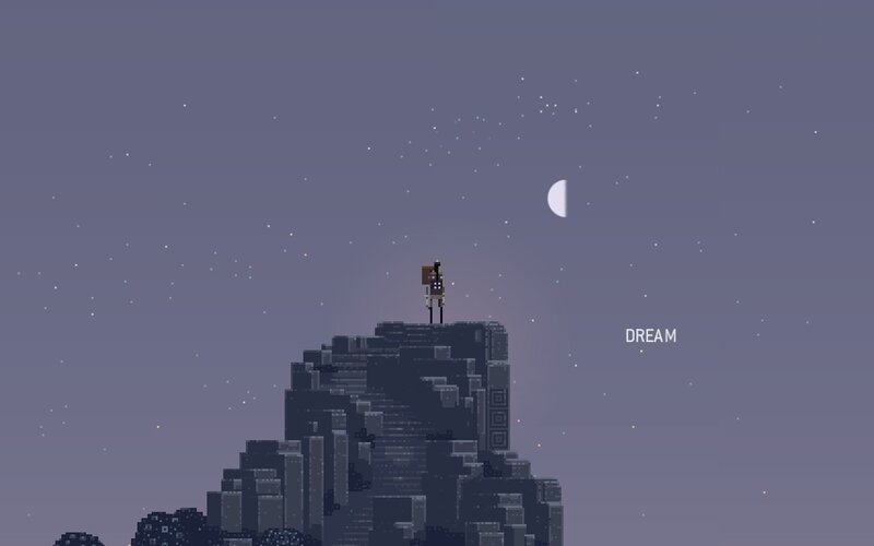 Pixelated Character on Mountain