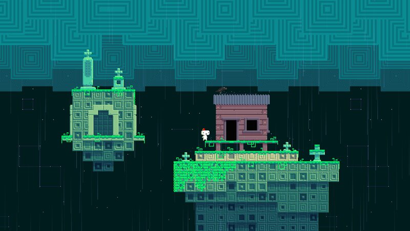 Pixelated Character on Platforms — Teal