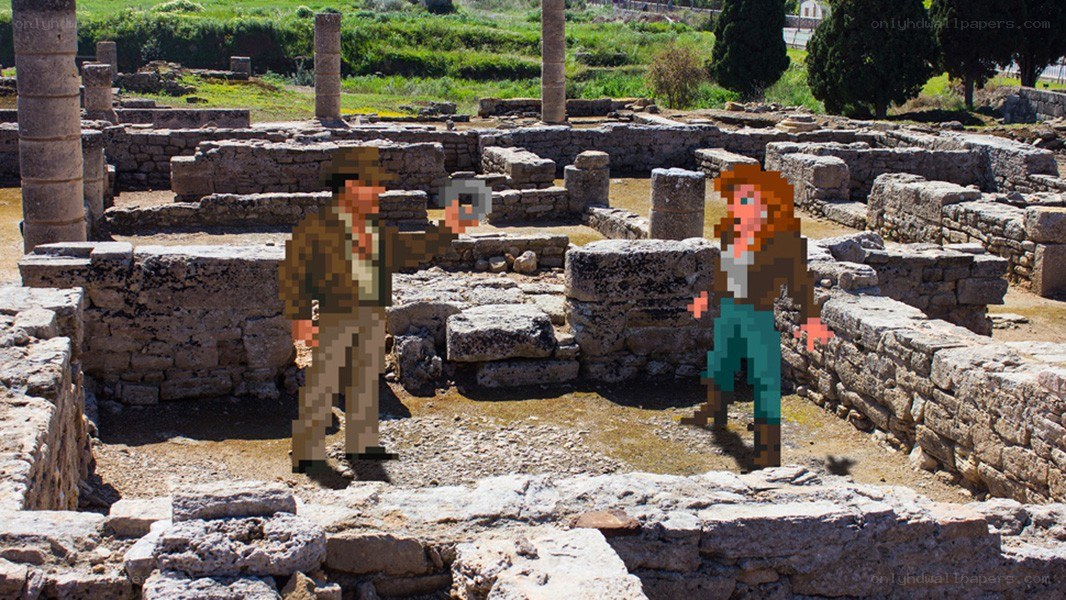 Pixelated characters at ancient ruins