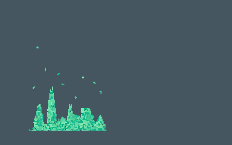 Pixelated City Skyline — Green, Minimalist
