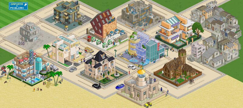 Pixelated cityscape with diverse buildings