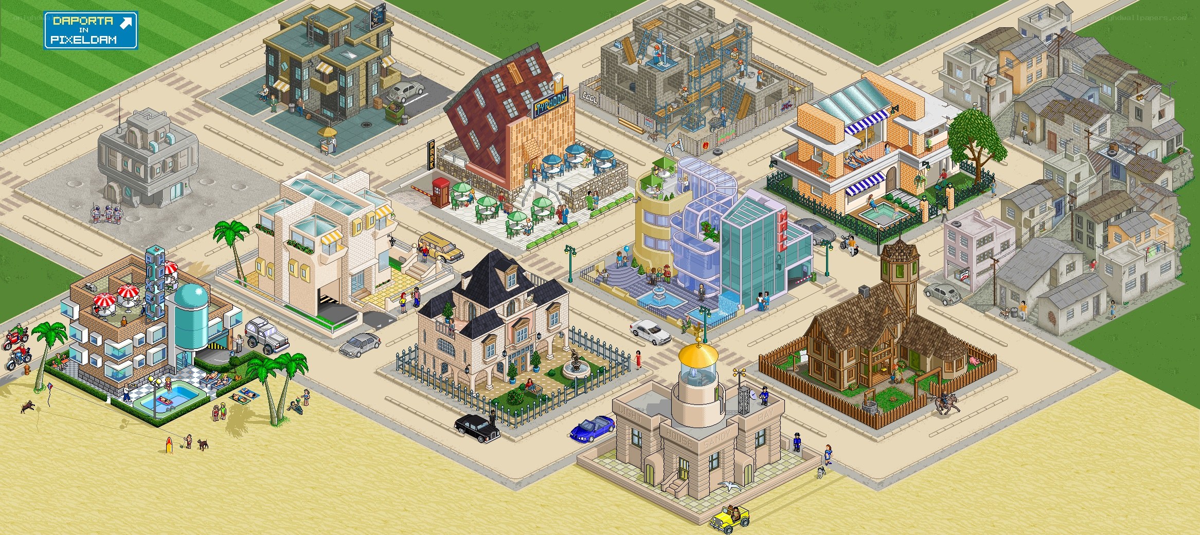 Pixelated cityscape with diverse buildings