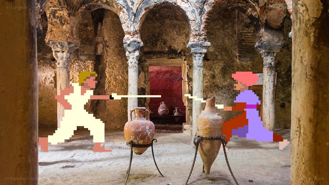 Pixelated duel in ancient hall
