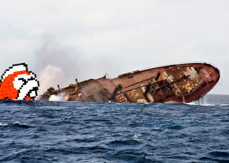Pixelated face on sinking ship