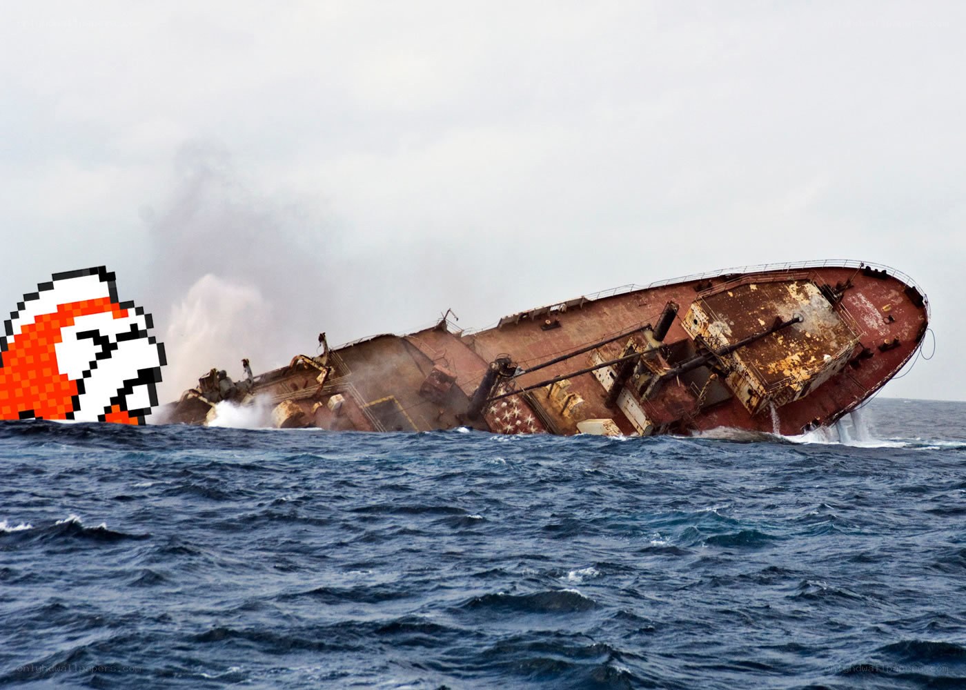 Pixelated face on sinking ship