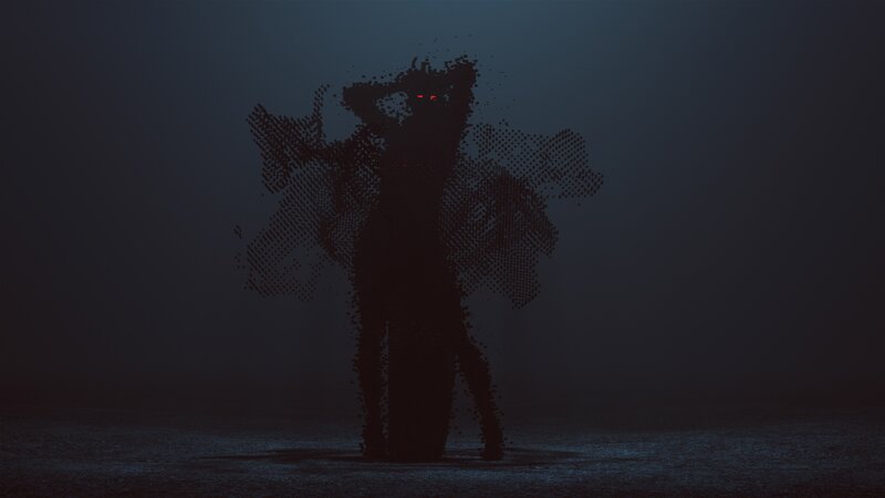 Pixelated Figure with Glowing Eyes
