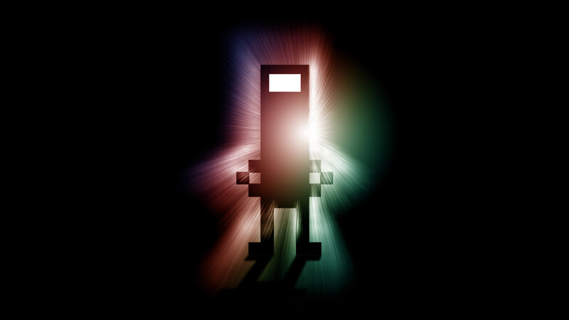 pixelated figure with light burst