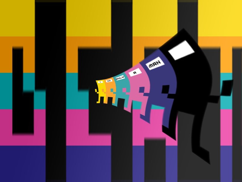 Pixelated figures in a colorful tunnel