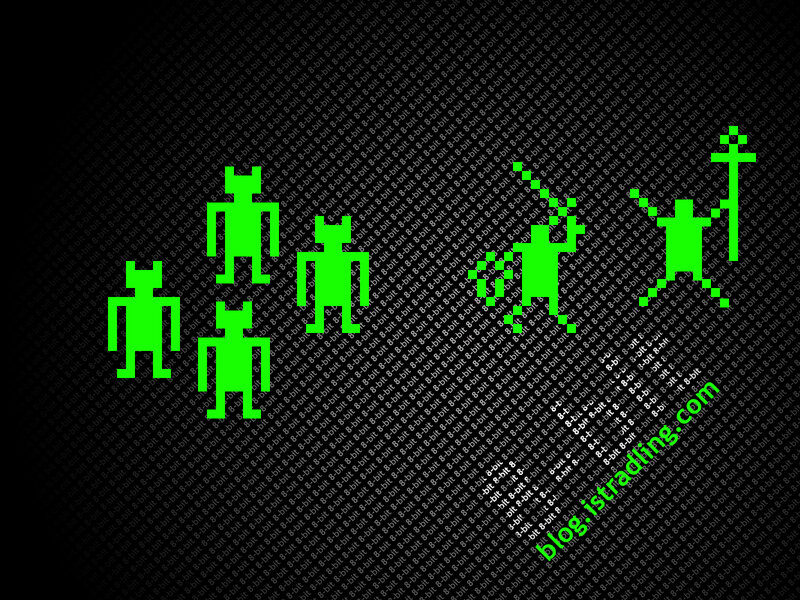 Pixelated game characters in action