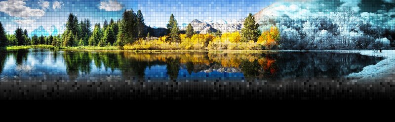 Pixelated landscape with lake and mountains