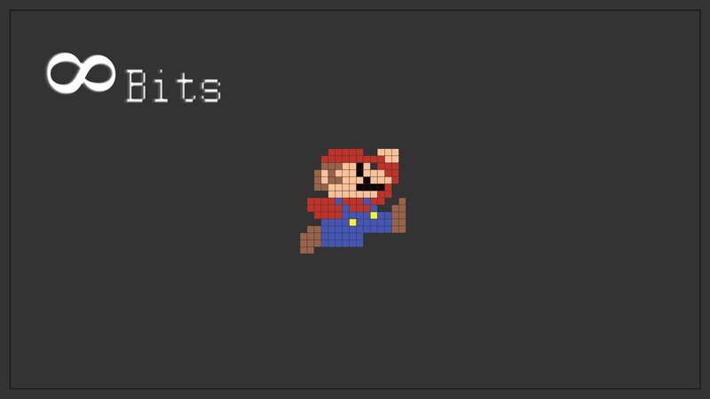 Pixelated Mario Character — Gray, Neutral, Pixel Art, Infinity Symbol