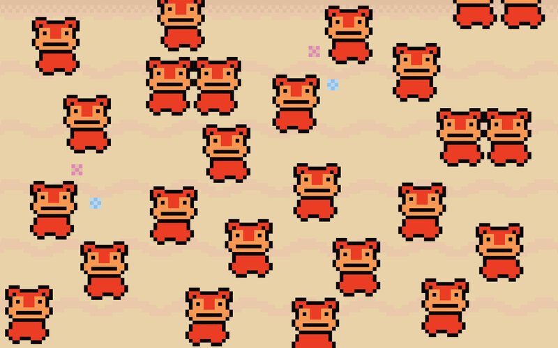 Pixelated red creatures on beige