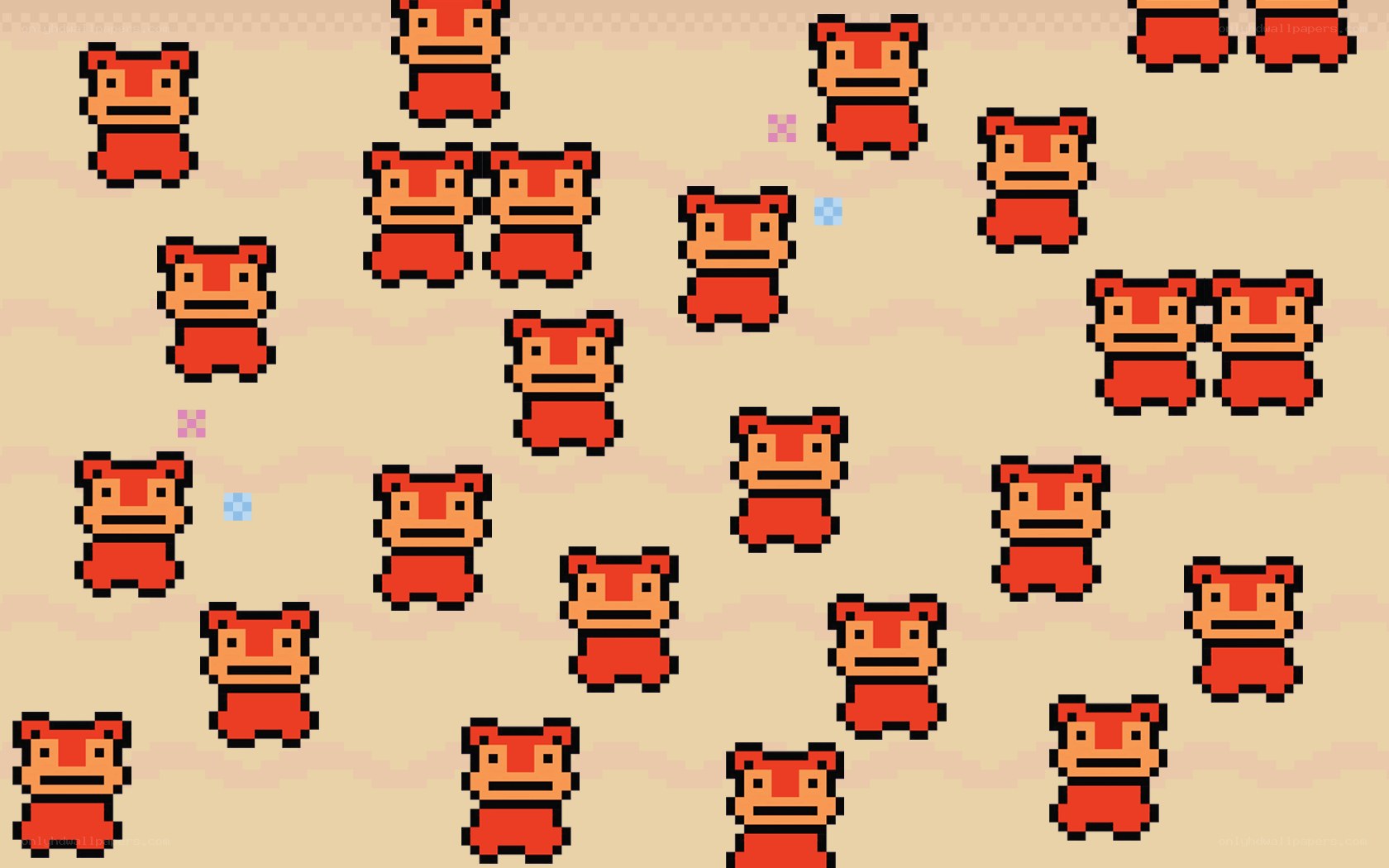 Pixelated red creatures on beige