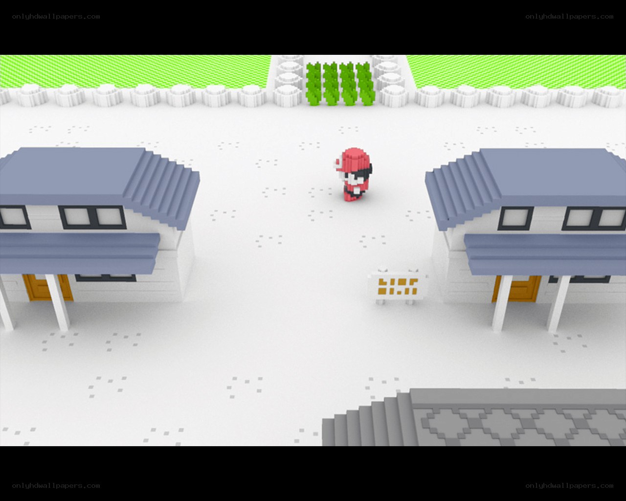 Pixelated village scene