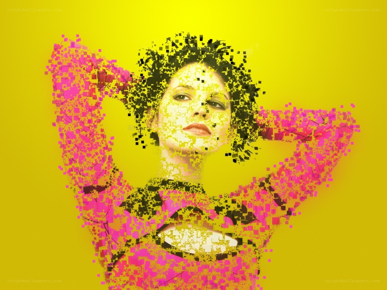 Pixelated woman with yellow background