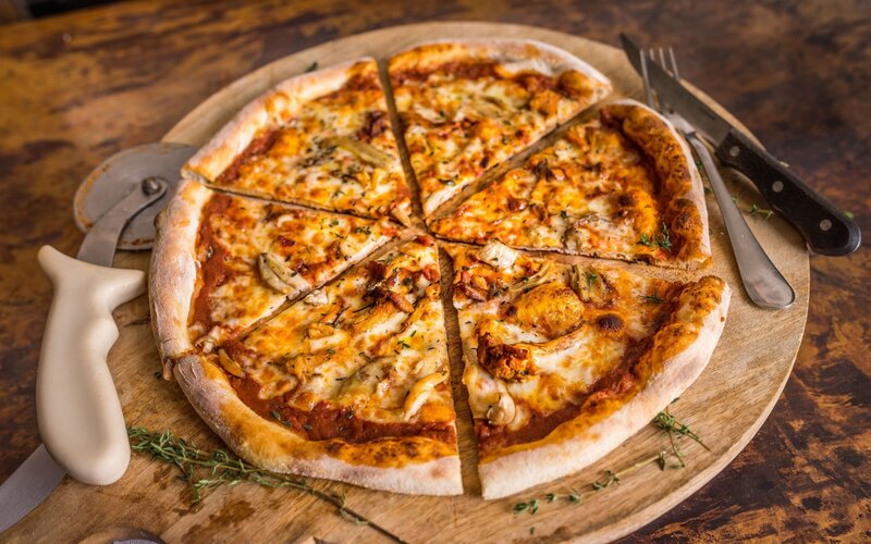 Pizza on Wooden Board — Brown, Appetizing, Photograph, Fork