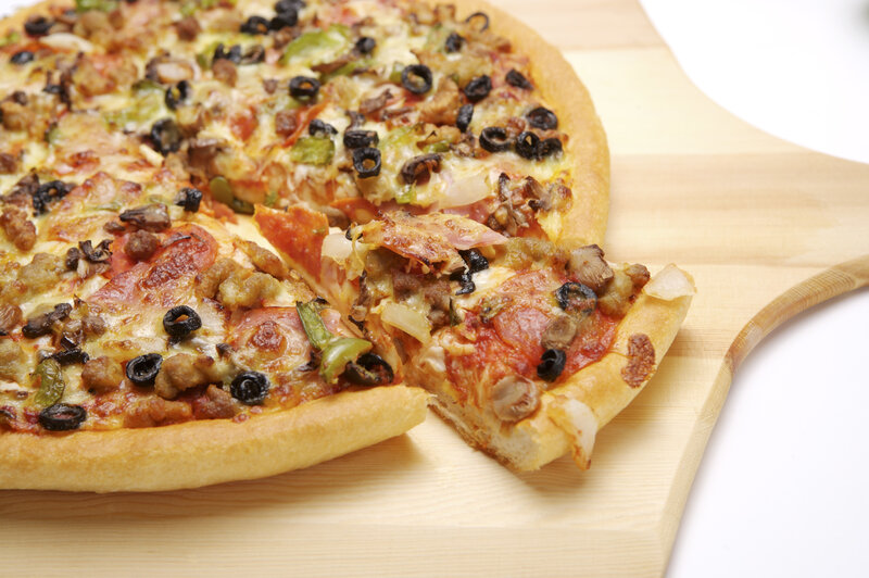 Pizza on Wooden Board — Brown, Appetizing, Photograph, Sliced, Olives