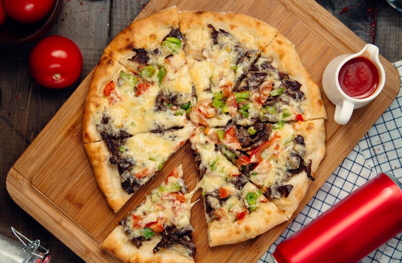 Pizza on Wooden Board — Brown, Appetizing, Photograph, Tomatoes, Ketchup
