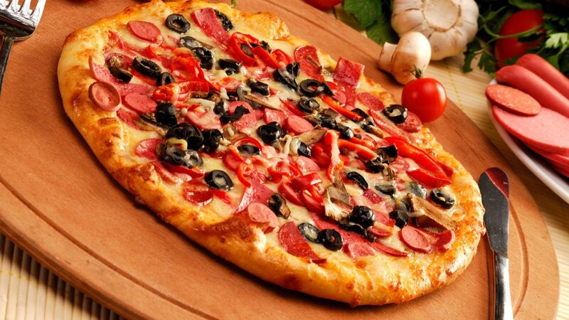Pizza on Wooden Board — Brown, Appetizing, Photograph, Tomatoes, Sausage