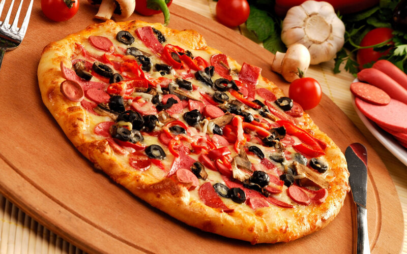 Pizza on Wooden Board — Brown, Appetizing