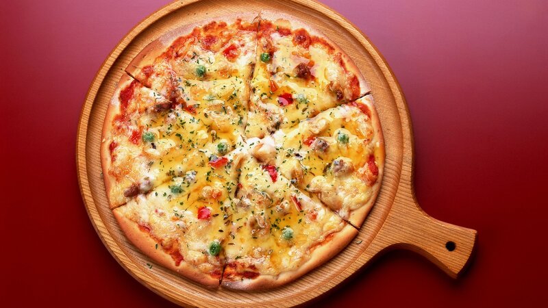 Pizza on Wooden Board — Red, Appetizing, Photograph, Cheese, Pepperoni, Herbs, Brown