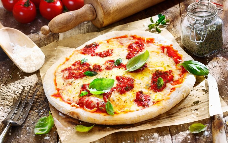 Pizza on Wooden Board — Red, Appetizing, Photograph