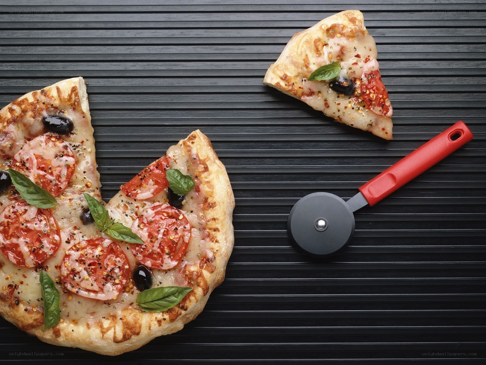 Pizza with basil and olives