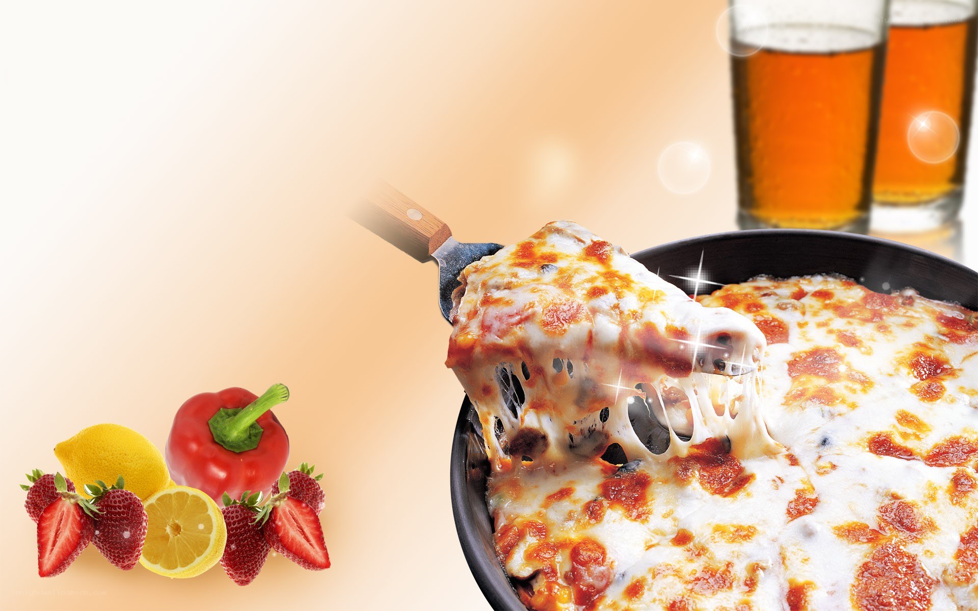 Pizza with beer and fresh fruit