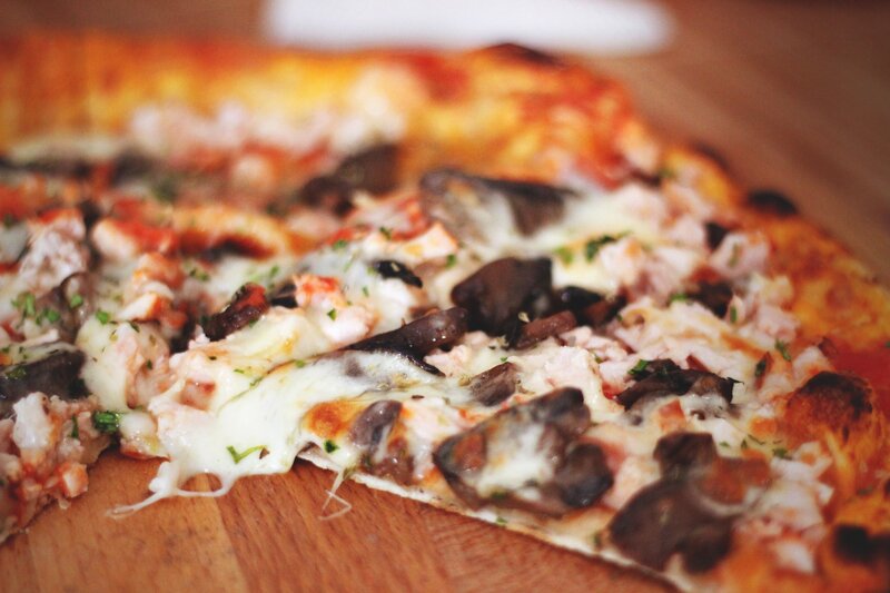 Pizza with Chicken and Mushrooms — Brown