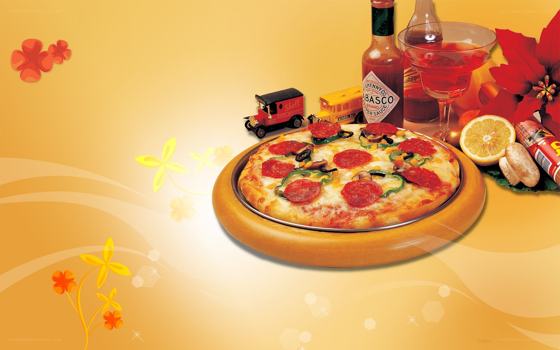 Pizza with condiments and toys