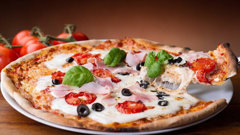 Pizza with Ham and Basil — Red, Appetizing