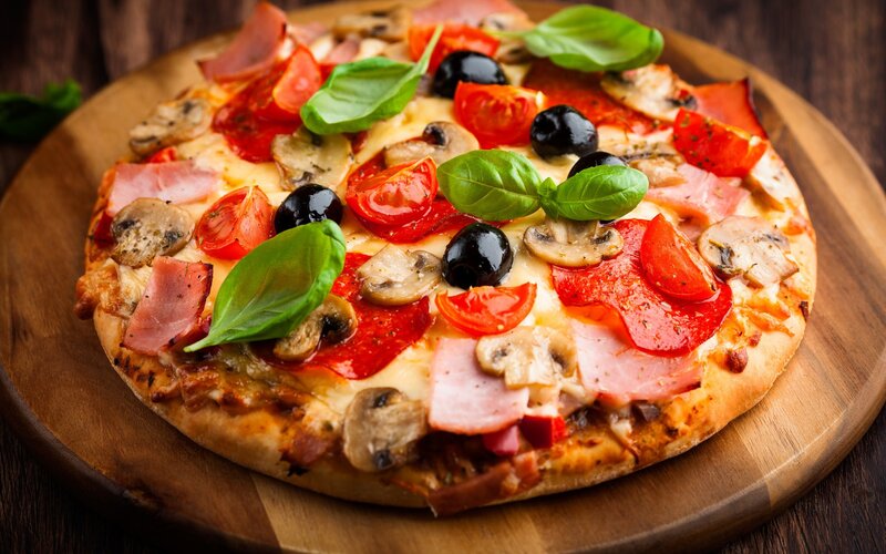 Pizza with Ham and Mushrooms — Brown, Appetizing