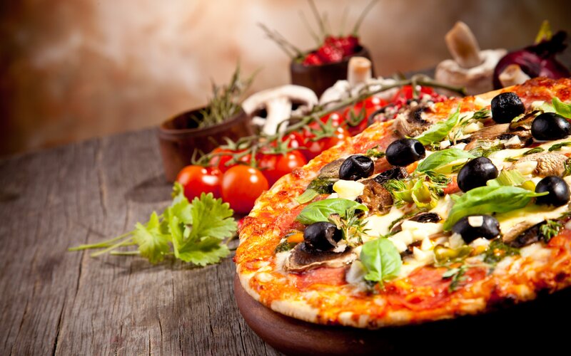 Pizza with Olives and Mushrooms — Red