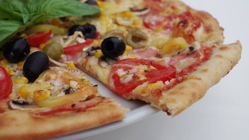 Pizza with Vegetables — Yellow, Appetizing, Photograph, Basil, Olives, Tomato