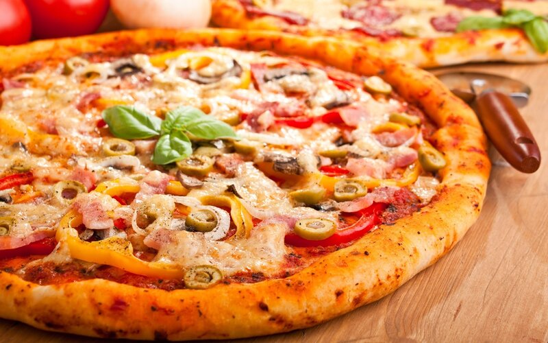 Pizza with Vegetables — Yellow, Appetizing, Photograph, Basil