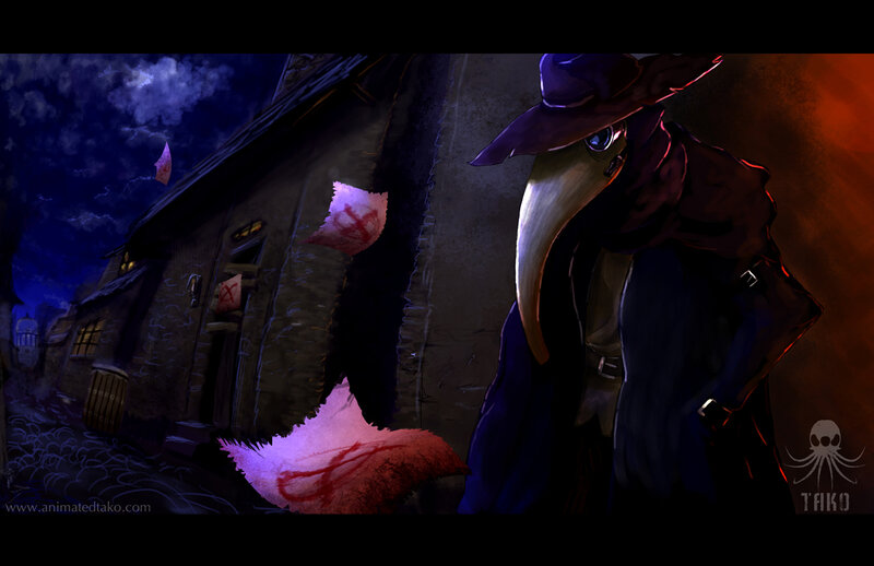 Plague doctor in a dark alley