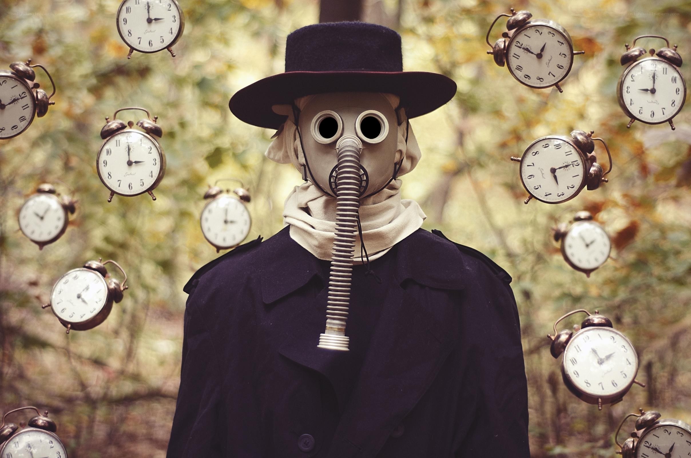 Plague doctor with floating clocks