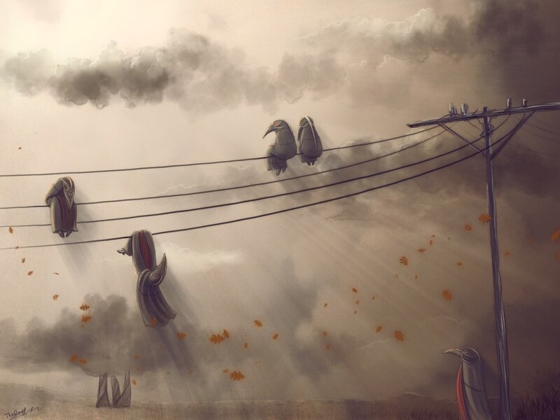Plague doctors on power lines