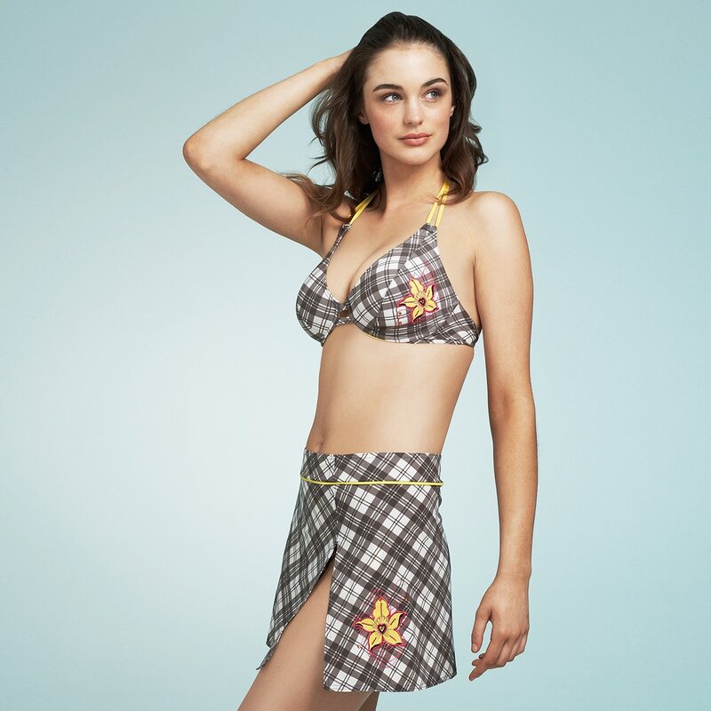 plaid bikini with floral embroidery